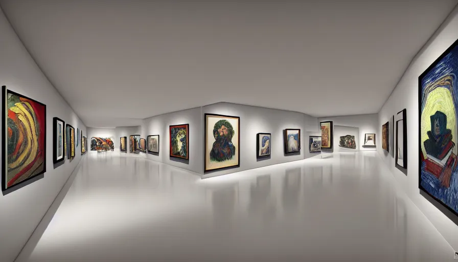 Prompt: interior futuristic art gallery wide angle highly detailed by santiago calatrava, many wall hanging paintings of art by van gogh, captivating 8 k hdr, octane render godrays hyperrealism