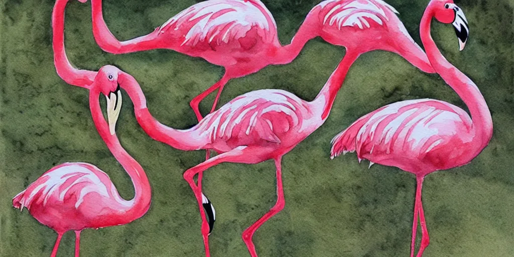 Prompt: Flamingos mating dance, watercolor by Toni Llobet