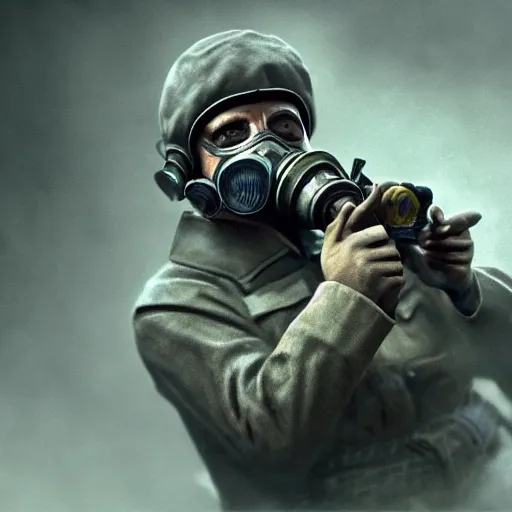 Prompt: joseph stalin, wearing a gas mask holding a pistol, close - up, hyper detailed 3 d matte painting, federico pela + greg rutkowski, hyper detailed 3 d render by unreal engine