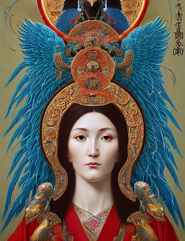 Image similar to 3 d goddess close - up profile portrait russian orthodox icon with ram skull. beautiful intricately detailed japanese crow kitsune mask and clasical japanese kimono. betta fish, jellyfish phoenix, bio luminescent, plasma, ice, water, wind, creature, artwork by tooth wu and wlop and beeple and greg rutkowski