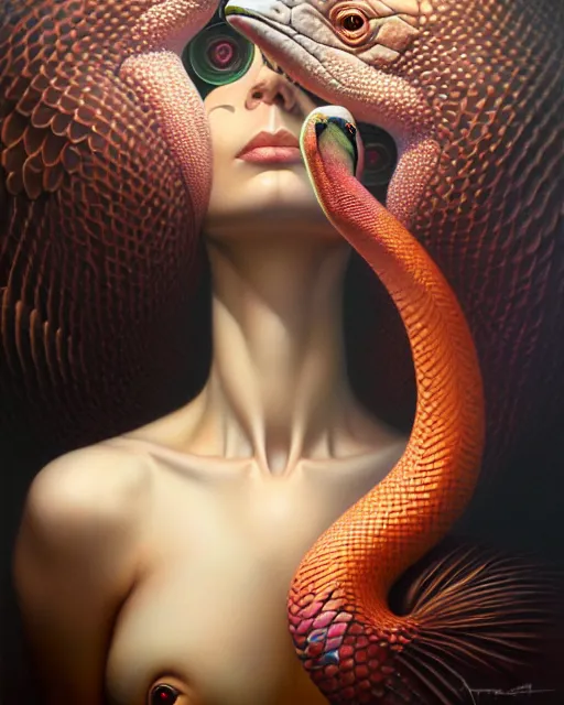 Image similar to a detailed portrait of dreampunk flamingo python hybrid mix by tomasz alen kopera and peter mohrbacher