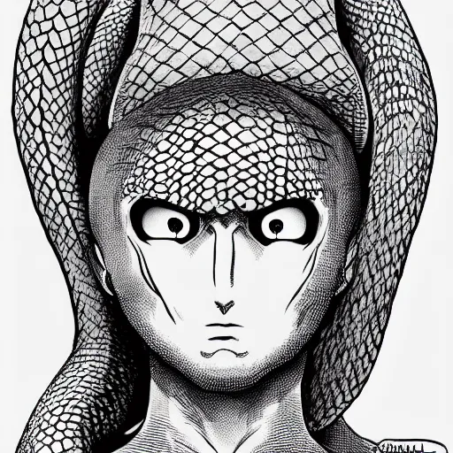 Image similar to a snake with a human face, kentaro miura art style