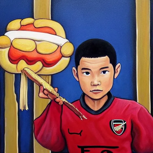Image similar to a painting portrait of the last airbender in an arsenal jersey holding a hot dog,