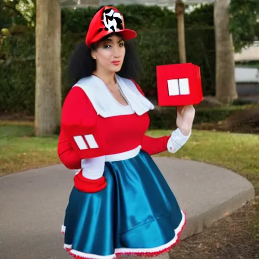 Image similar to a woman cosplaying nintendo mario in an opera gown