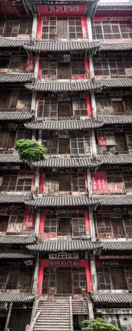 Image similar to a front view of the exterior of Kowloon walled city in Hong Kong, flat lay, flat perspective, front perspective, very detailed, photoreal, 8k,