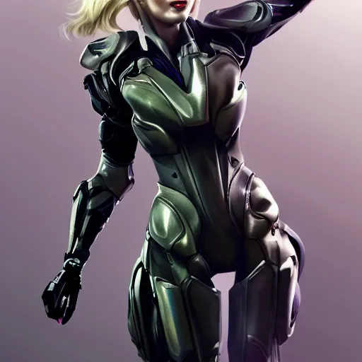 Image similar to A combination of Ada Wong's and Grace Kelly's and Ashley Greene's appearances with blonde hair wearing Interceptor's armor from Anthem, high tech, action shot, angular, full body portrait, futuristic, dramatic, fantasy, intricate, elegant, highly detailed, artstation, matte, sharp focus, 8K, art by Donato Giancola and James Gurney