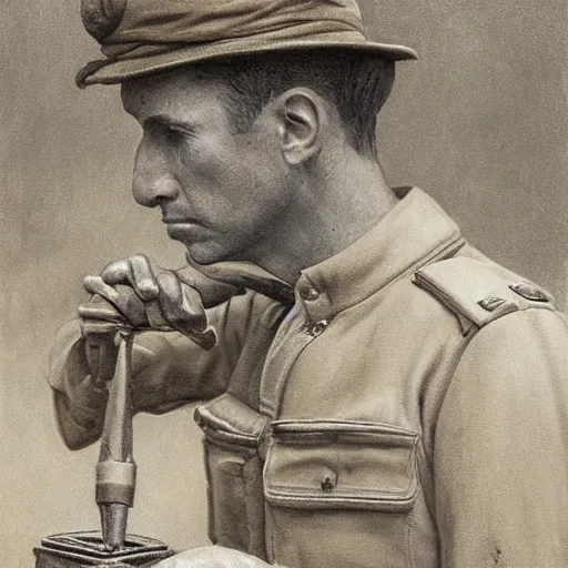 Image similar to a detailed photorealistic sepia - toned color portrait painting of a 1 9 1 7 worried clean - shaven british lieutenant in field gear in north arabia examining an ancient cylindrical clay jar, ultra realistic, intricate details, atmospheric, dark, horror, brooding, highly detailed, by clyde caldwell