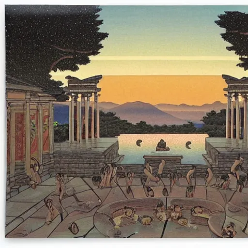 Image similar to a beautiful ancient bathhouse with bathing alien creatures surrounded by greek statues at sunset by hasui kawase