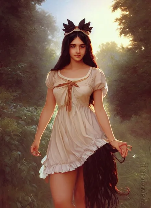 Prompt: beautiful woman with long black hair, tan skin, curvy hourglass figure, round face, slight resemblance to ameera altaweel wearing a frilly disney princess dress headband. beautiful painting by artgerm and greg rutkowski lois van baarle and bouguereau