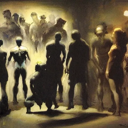 Prompt: a group of people in a dark room. The only source of light is a small window in the corner. The people are all looking at something outside of the street art. by Frank Frazetta shadowy