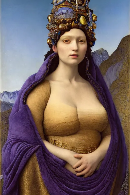 Image similar to coronation portrait of the queen of the dawn mountains, by Donato Giancola and John Bauer and John William Godward and Vermeer, embroidered velvet, iridescent beetles, rich color, ornate headdress, flowing robes, lost runes, ancient civilizations, dramatic cinematic lighting, featured on Artstation, cgisociety, unreal engine, extremely detailed