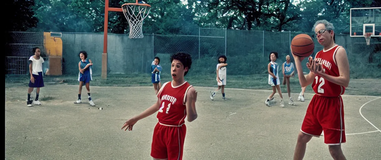 Image similar to award winning photo of todd solondz playing basketball in the hood and smoking weed, vivid colors, happy, symmetrical face, beautiful eyes, studio lighting, wide shot art by sally mann & arnold newman, francis bacon, ewa juszkiewicz, jenny saville, yayoi kusama, ai weiwei and gregory crewdson