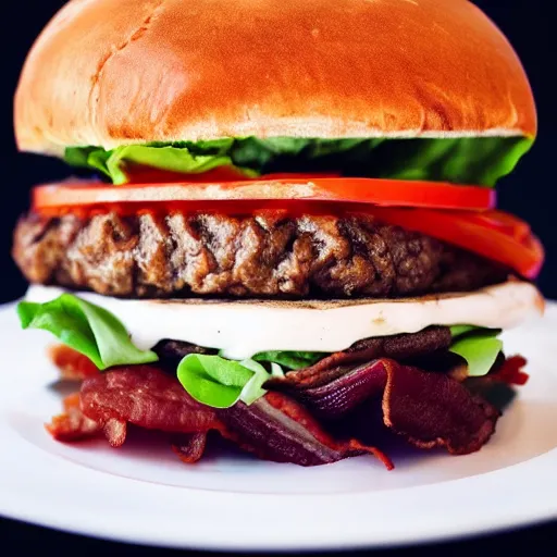 Prompt: most delicious hamburger ever created, very tall with layers of meat tomato lettuce cheese and bacon, professional food photography on black background, trending on instagram