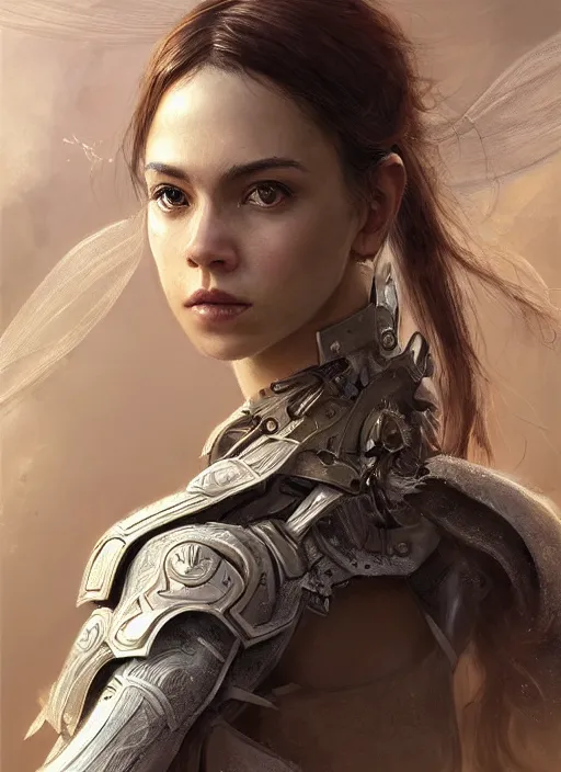 Image similar to a professional portrait of a beautiful young female, clothed in ethereal battle armor, olive skin, long dark hair, beautiful bone structure, symmetrical facial features, intricate, elegant, digital painting, concept art, smooth, sharp focus, finely detailed, illustration, from Valerian and the City of a Thousand Planets, in the style of Ruan Jia and Mandy Jurgens and Artgerm and Greg Rutkowski and William-Adolphe Bouguerea