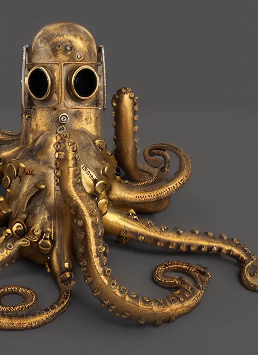 Prompt: symmetrical brass steampunk octopus wearing a vintage diving helmet. clockwork. gears, pipes. goggles. rivets. unreal engine. octane render. highly detailed.