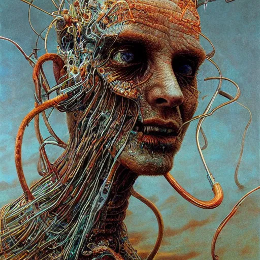 Image similar to hell being turned into paperclips, cosmic horror, biopunk, highly detailed, oil on canvas, zdzisław beksinski, marco mazzoni, peter gric