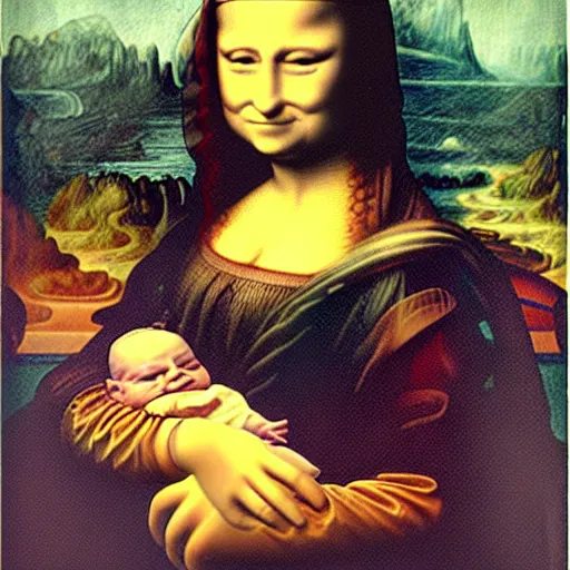 Image similar to Mona Lisa holding Baby Yoda, in the style of Leonardo da Vinci