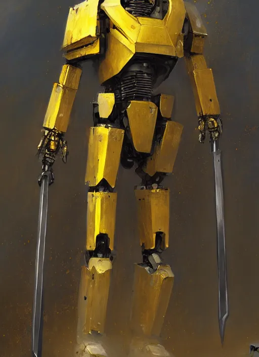 Image similar to human-sized strong intricate yellow pit droid carrying great sword and large paladin shield, pancake short large head, exposed metal bones, painterly humanoid mecha, by Greg Rutkowski