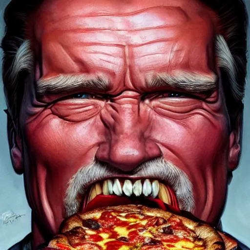 Image similar to portrait of arnold schwarzenegger opening his mouth to eat pizza, highly detailed, digital painting, artstation, concept art, sharp focus, illustration, art by artgerm and greg rutkowski and alphonse mucha