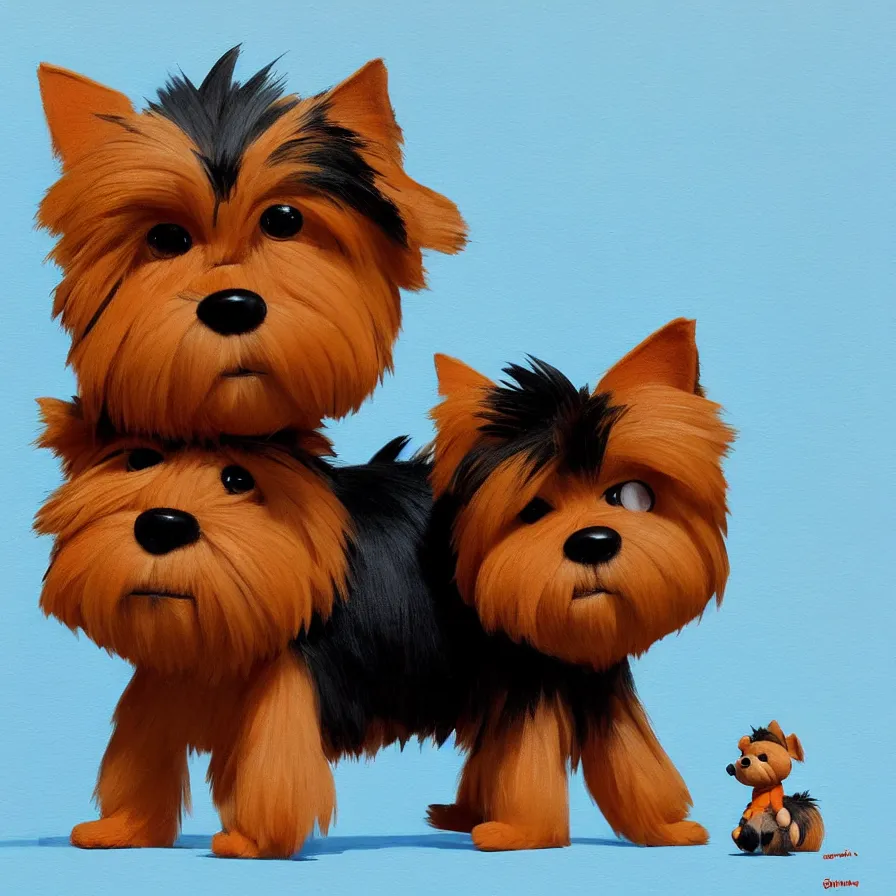 Image similar to Goro Fujita ilustration a very cute Yorkshire Terrier, with black and caramel fur on top of a plush monkey toy, painting by Goro Fujita, sharp focus, highly detailed, ArtStation