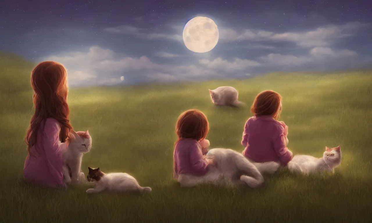 Prompt: A little girl and a cat are sitting in a field and looking at the moon, trending on artstation, 30mm, by Noah Bradley