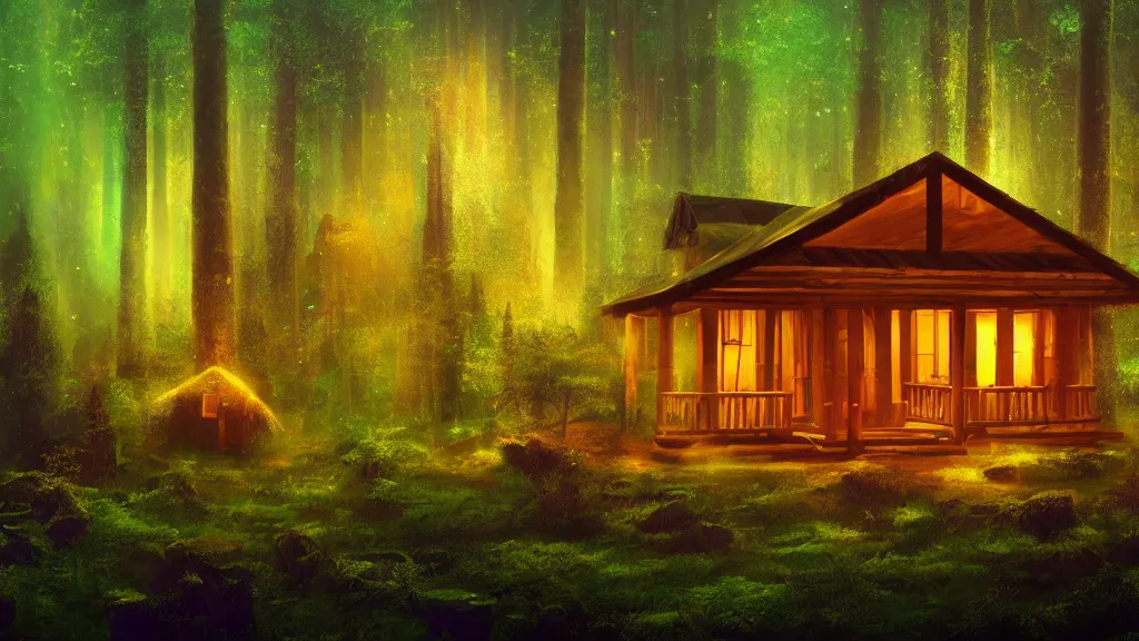 Image similar to portrait of an ethereal log cabin made of golden purple and green light, evergreen forest, divine, cyberspace, mysterious, dark high-contrast concept art