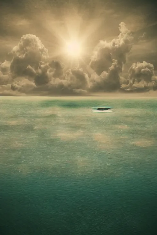 Prompt: oceanic dreamy environment with a small island floating above the surface, realistic 3 5 mm, in the style of salvador dali, cinematic light