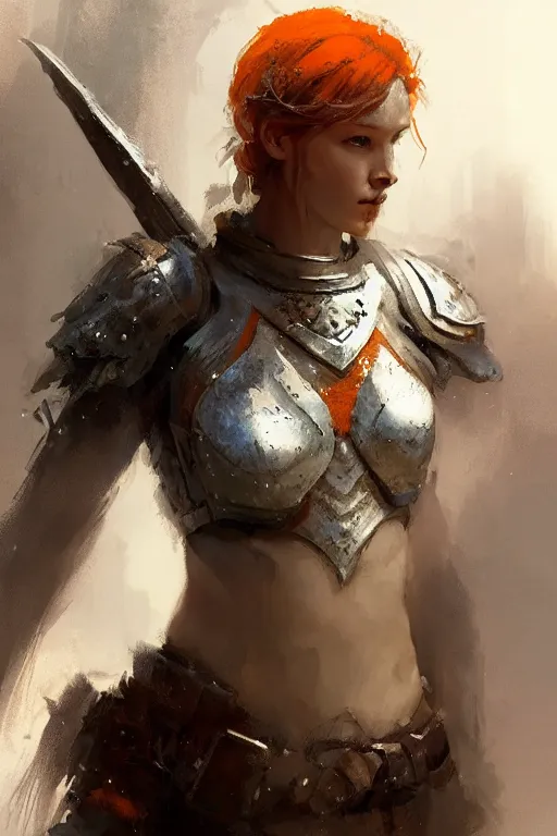 Prompt: full - body portrait of a ranger, female, white and orange breastplate, magical, high fantasy, d & d, by jeremy mann, face details, extremely detailed, digital illustration