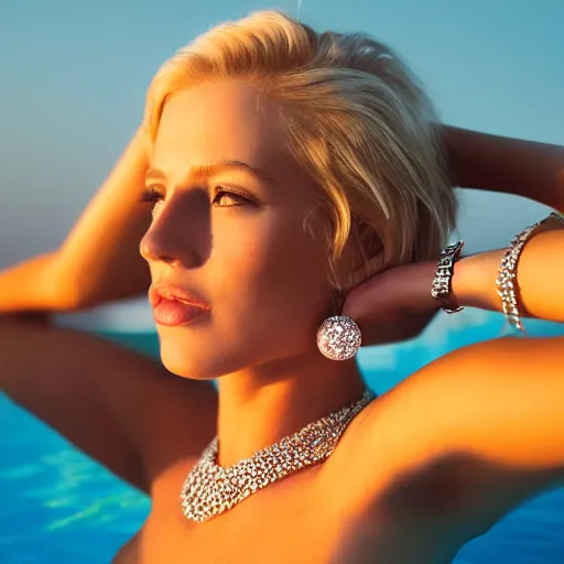 Image similar to a realistic portrait of a beautiful woman with short messy blond hair, look like model, wearing diamond earrings and necklace and rings, swimming in the pool, skinny, sunset, los angeles landscape on background, 1 9 7 0 film photography, john martin style