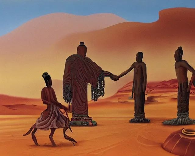 Image similar to a surreal painting of a man meeting giant buddahs eyes in the desert