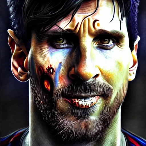 Prompt: Lionel Messi as a zombie, closeup, D&D style, fantasy, intricate, elegant, highly detailed, digital painting, artstation, concept art, matte, sharp focus, illustration, art by Artgerm and Greg Rutkowski and Alphonse Mucha