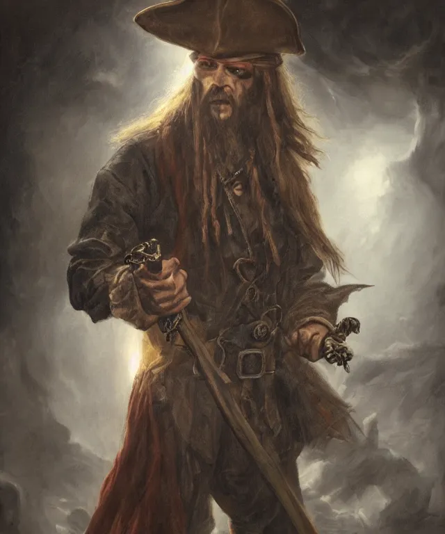 Prompt: ultra realistic color portrait painting of a tranparent 1 7 th century pirate ghost with a sword in a grotto, dark, painted, brooding, atmospheric, seascape, horror, smooth, epic, highly detailed, cinematic, artstation, paul carrick
