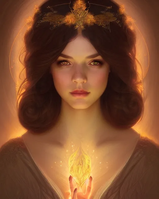 Image similar to symmetry portrait of brunette princess, glam, fae, fireflies, forest background, intricate, elegant, highly detailed, digital painting, artstation, concept art, smooth, sharp focus, illustration, art by artgerm and greg rutkowski and fra angelico and alphons mucha