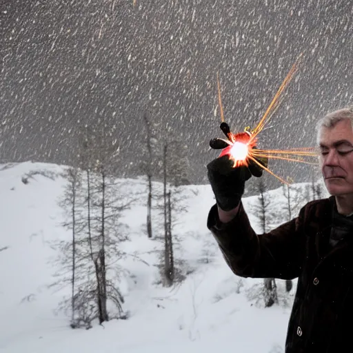 Image similar to Jonas Gahr Støre powering Norwegian village by shooting lightning out of his hands, glowing eye