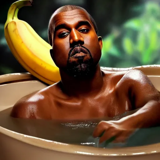 Image similar to Kanye West taking a bath in a bathtub full of bananas, 4k, detailed face, high detail