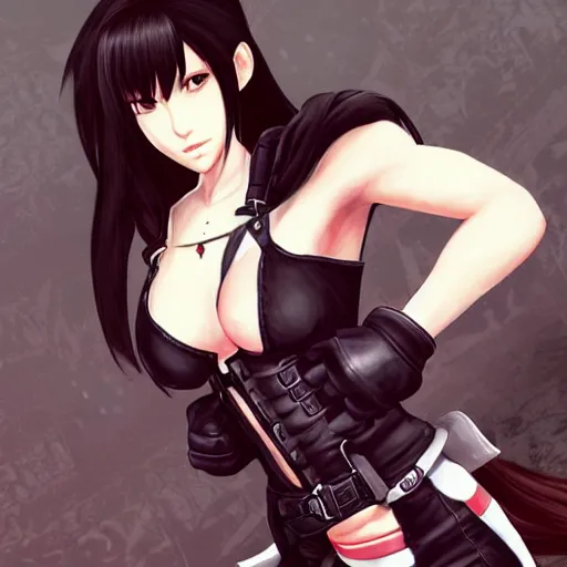 Image similar to high quality of art of tifa lockhart wearing the clothes of aerith gainsborough