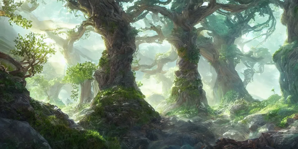 Prompt: a fantasy town nestled within the boughs of yggdrasil, illustration, bright sunlight, sun glints, sunrays, digital art, hyperrealistic, oil painting, fantasy, 8 k, trending on artstation, detailed