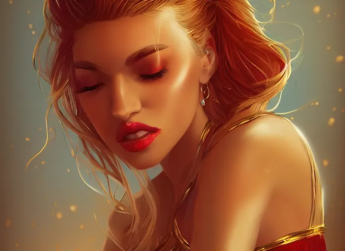 Image similar to woman love woman, sweet hugs, gold trim, atmoshperic, elegant, sharp focus, sand sea, red sun, huge lips, by nixeu, artstation, intricate details