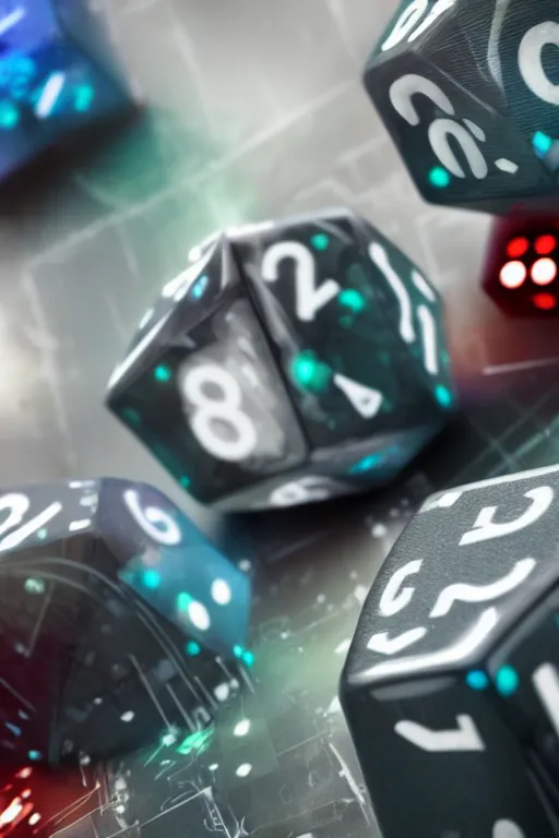 Prompt: closeup, of one futuristic sci-fi Twenty sided dice, in the background players at a table that are in still high tech suites, bokeh, sharp focus, intricate concept art, highly detailed, 8k, cinematic, sharp focus