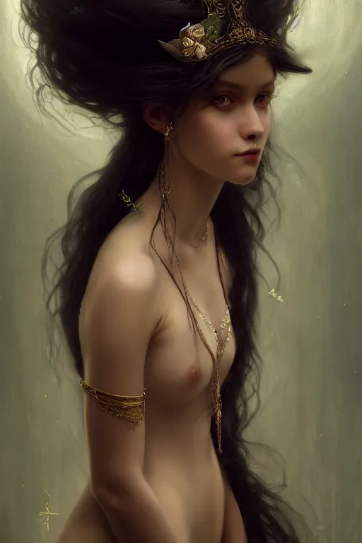 Prompt: a portrait of elegant beautiful dark nymph, queen of the dark fairies, bored, illustration, dramatic lighting, soft details, painting oil on canvas, art nouveau, octane render, HDR, 4k, 8k, HD, by Edmund Blair Leighton, Brom, Charlie Bowater, trending on artstation, faces by Otto Schmit