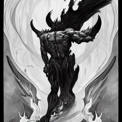 Prompt: full body grayscale drawing by Anato Finnstark of wingless balrog in heroic pose, swirling flames, alphonse mucha,