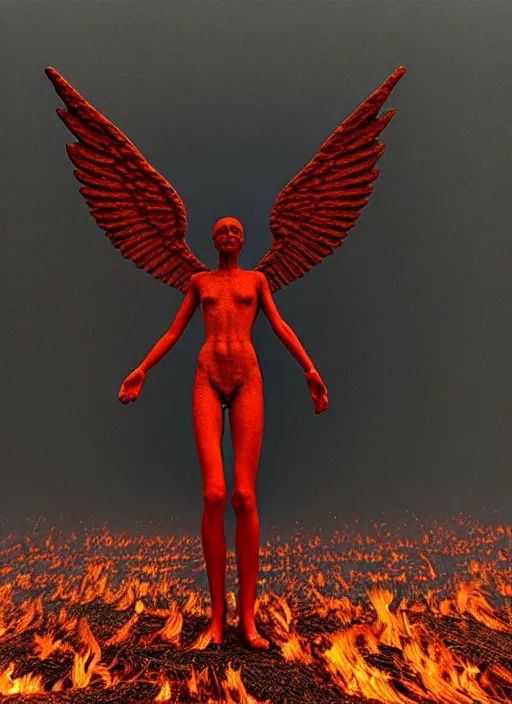 Prompt: angel with fully spread wings floating in the air surveying parched and burned forest, smoke and fire, highly intricate wings!, roots, art by zdislav beksinski!!, hdr!, rendered in unreal 5,