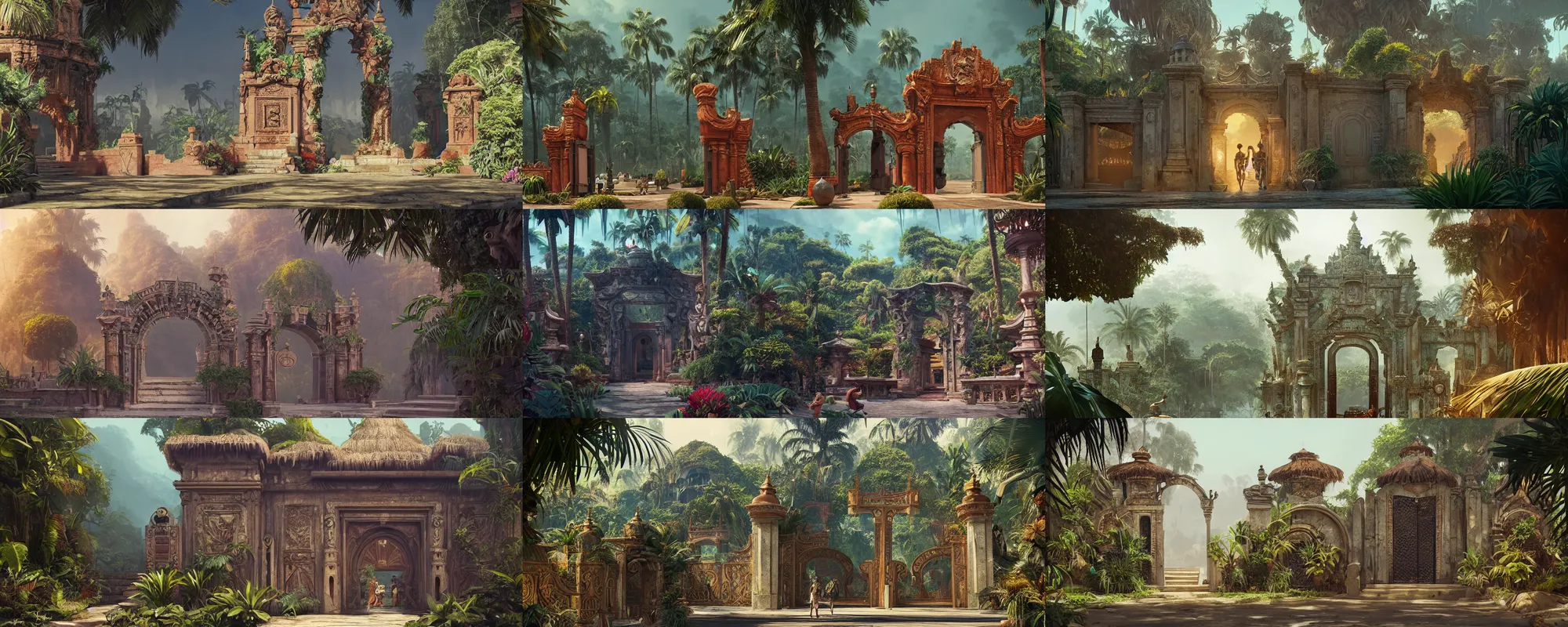 Prompt: a beautiful detailed architecture matte painting of ancient ornamental gate in the middle of tropical jungle cinematic landscape by alejandro burdisio, by greg tocchini, by james gilleard, by joe gb fenton, by kaethe butcher, dynamic lighting, vibrant, clean, grunge aesthetic, octane render, artstation