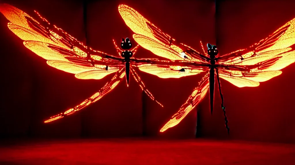 Prompt: a giant dragonfly, made of blood and fire, floats through the living room, film still from the movie directed by Denis Villeneuve with art direction by Salvador Dalí, wide lens