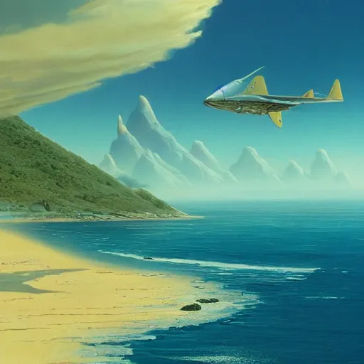 Image similar to beautiful matte painting of golden shores of a blue dreamy ocean, heavenly island in the clouds floating above the ocean, spaceship flying by, towering mountains emerging from the ocean, sci - fi, daylight, blue sky, cinematic lighting, cinematic perspective, syd mead, john harris, federico pelat