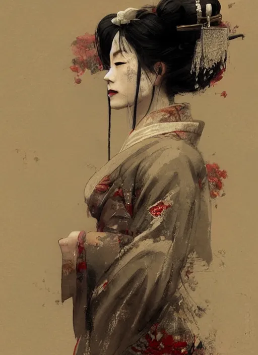 Image similar to female geisha girl, beautiful face, rule of thirds, intricate outfit, spotlight, by greg rutkowski, by jeremy mann