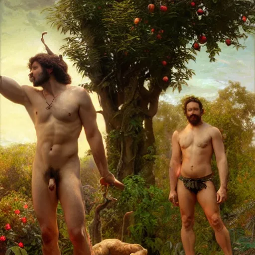 Image similar to muscular paul rudd as the biblical adam in the garden of eden, abundant apple trees, natural lighting, path traced, highly detailed, high quality, digital painting, by gaston bussiere, craig mullins, alphonse mucha j. c. leyendecker, tom of finland