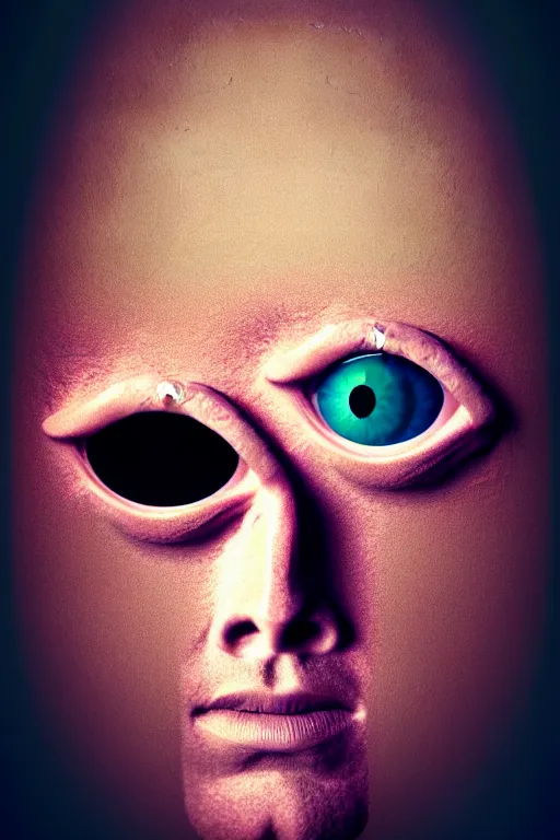 Prompt: Portrait photo of an unbrushed cyclops without nose and with one giant eye, high quality photo, 85mm, focused, fantasy, colorful, digital art