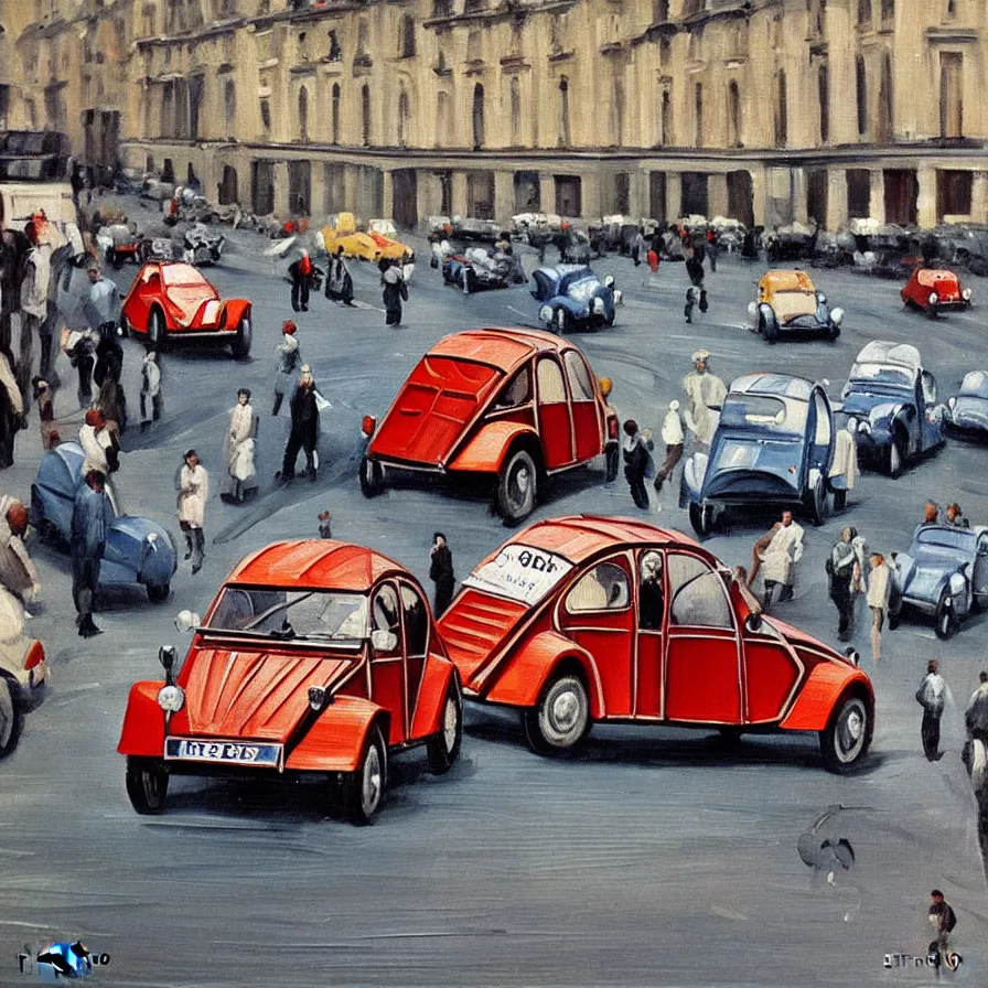 Image similar to twenty citroen 2 cv racing through paris in the 1 9 5 0 s. oil painting by pisaro