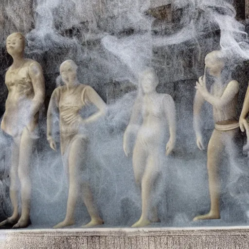 Image similar to the ghosts of the past, present and the future dancing around the fountain of youth and wisdom translucent transparent smoke